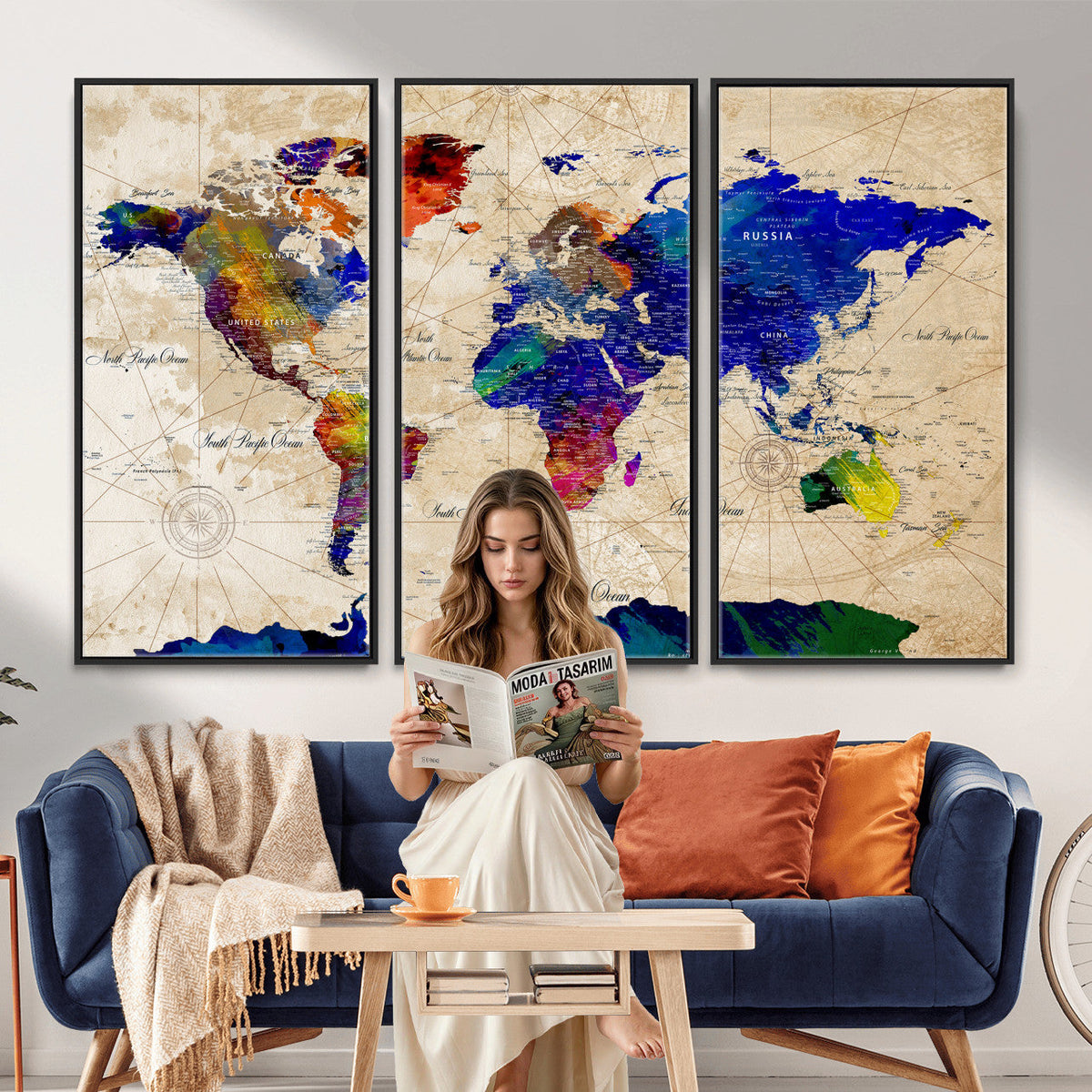Watercolor World Map Canvas Print | Framed Wall Art for Couples