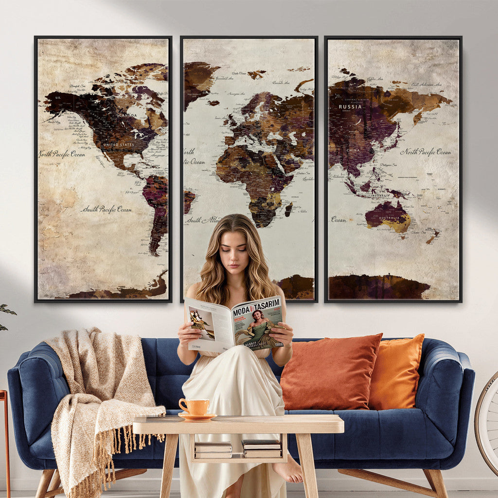 World Map Canvas Triptych | Colorful Global Wall Art for Living Rooms