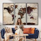 World Map Canvas Triptych | Colorful Global Wall Art for Living Rooms