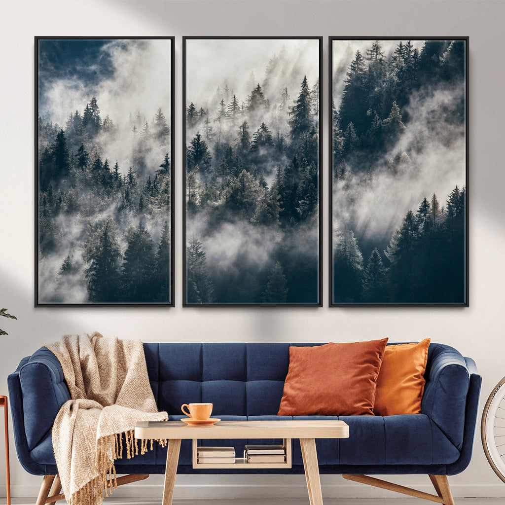 Foggy Mountain Forest Canvas Print, Misty Pine Trees Nature Wall Art
