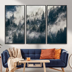Foggy Mountain Forest Canvas Print, Misty Pine Trees Nature Wall Art