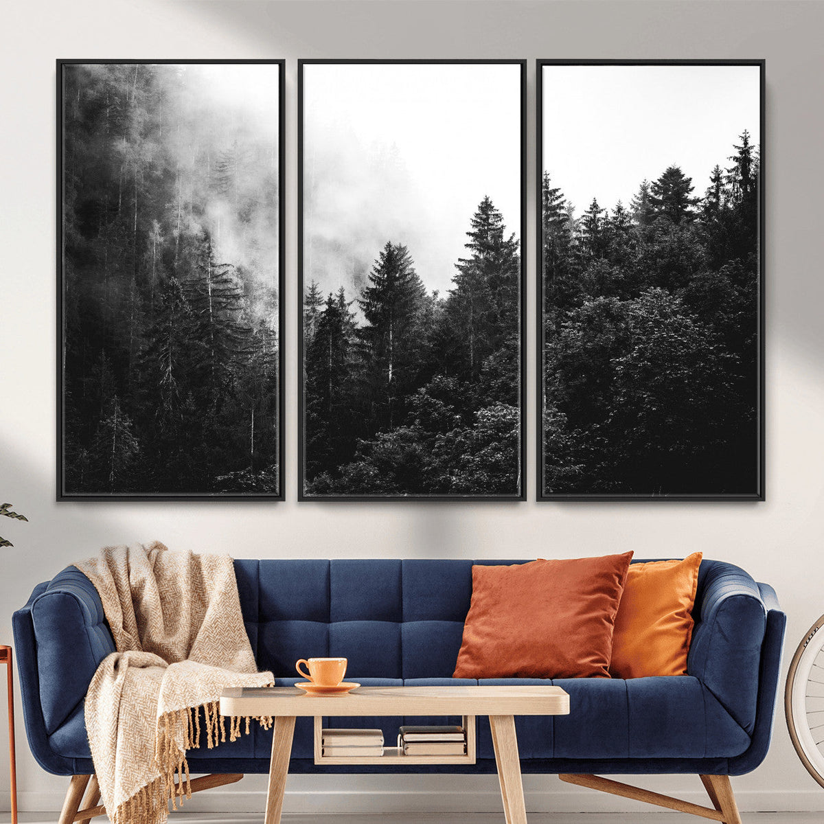 Black White Forest Wall Art Canvas Print, Misty Pine Tree Landscape