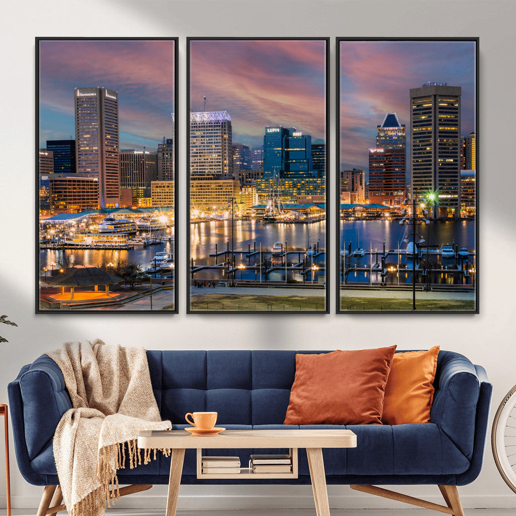 Baltimore Skyline Wall Art Canvas Print, Baltimore Downtown Night Cityscape