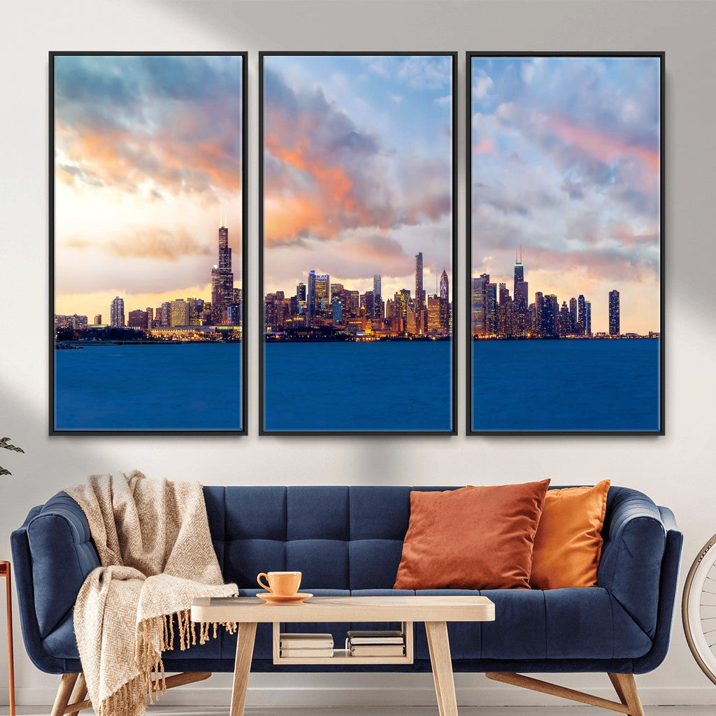Chicago Wall Art Canvas Print - Chicago City Downtown Night Cityscape