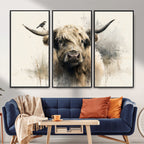 Abstract Highland Cow Wall Art Canvas Print, Rustic Farm Cattle Portrait