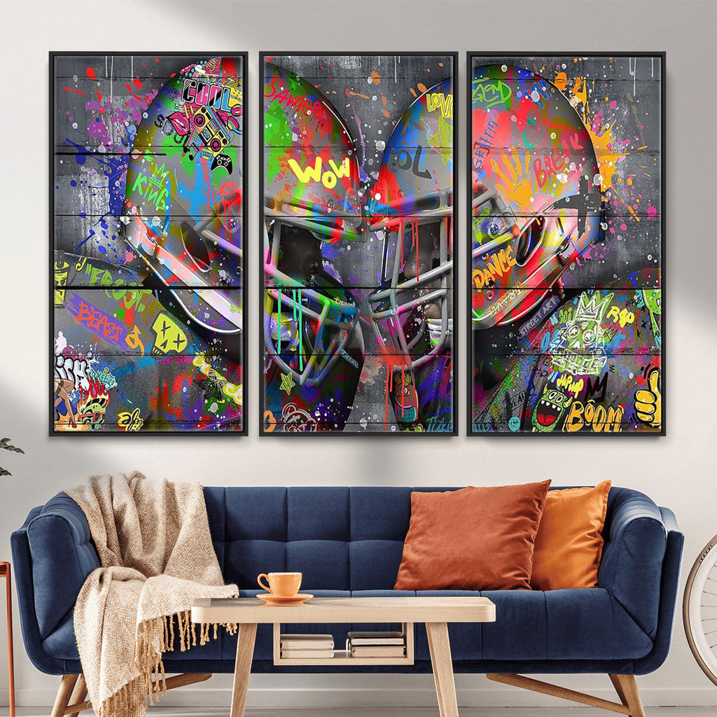 Graffiti Football Helmets Wall Art Canvas Print, Urban Street Art