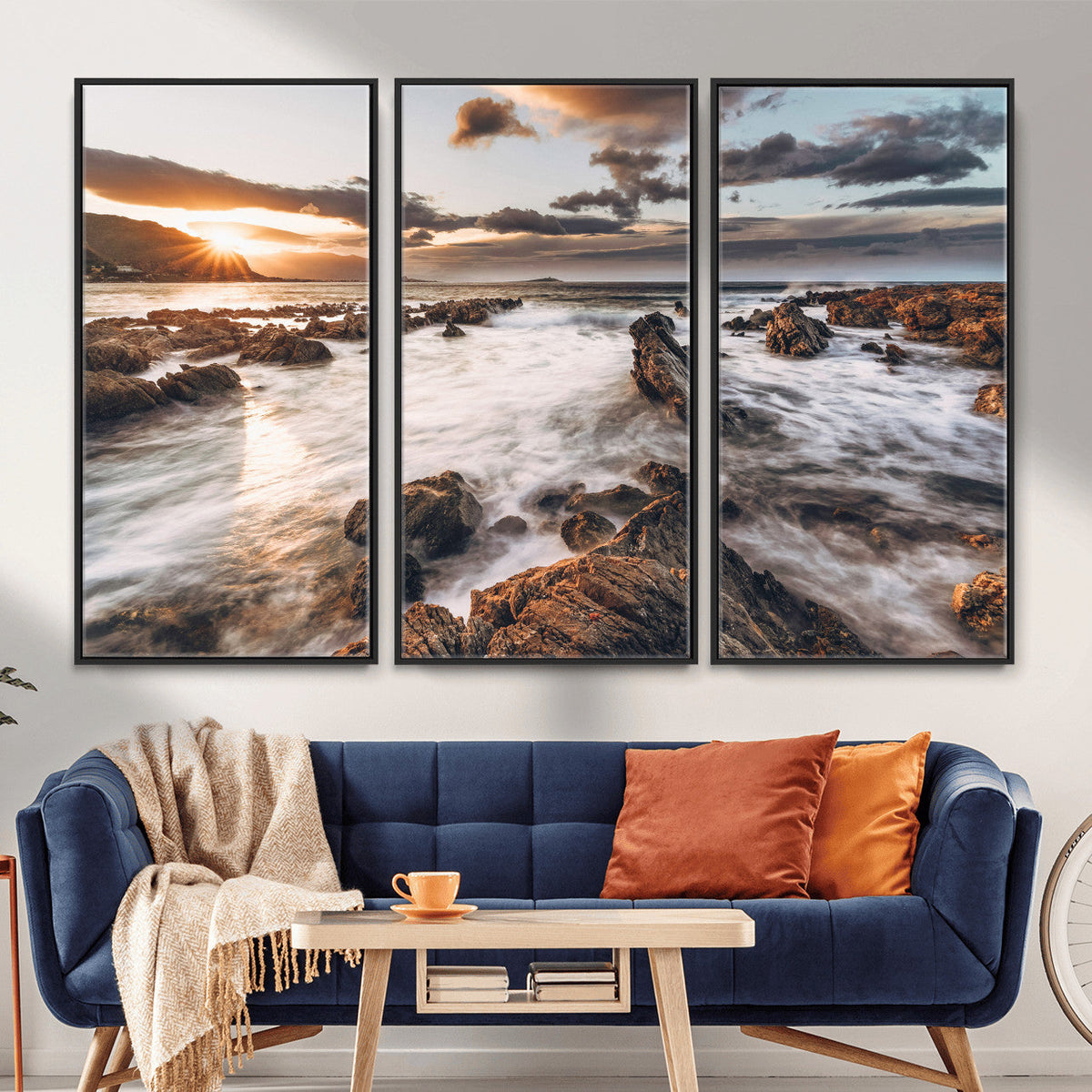 Rocky Coast Ocean Sunset Wall Art Canvas Print, Dramatic Seascape Nature Decor