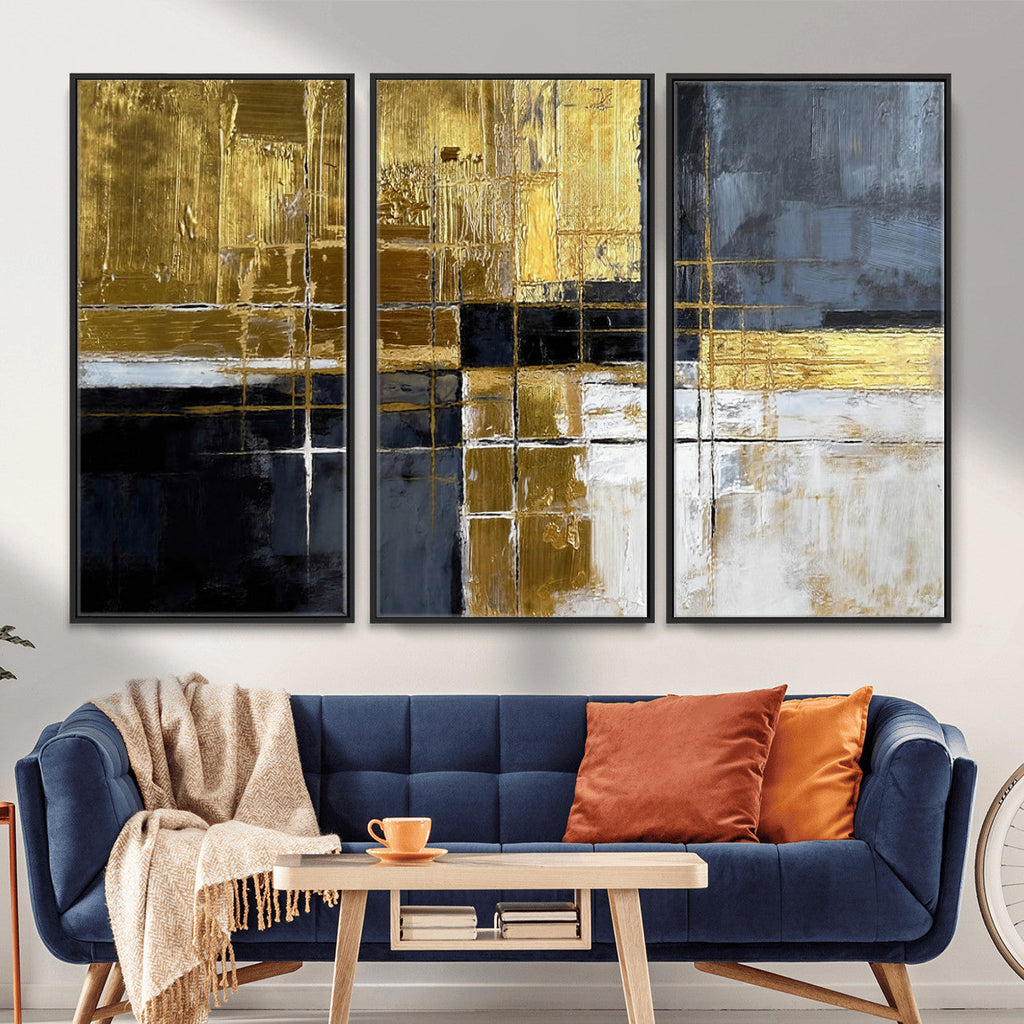 Gold Navy Abstract Wall Art Canvas Print, Modern Luxury Geometric Art for Living Room and Office