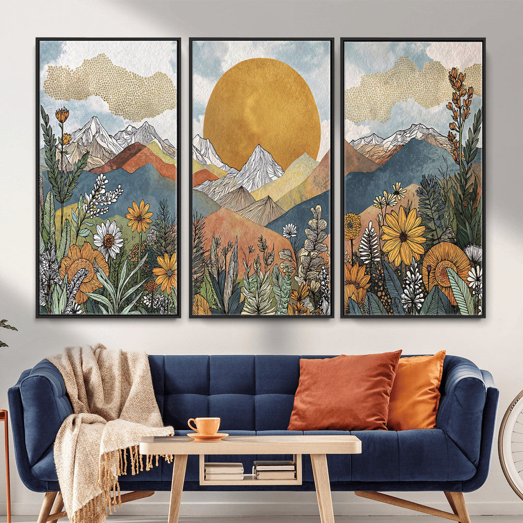 Boho Mountain Landscape Large Wall Art, Horizontal Gold Sun and Flowers Print