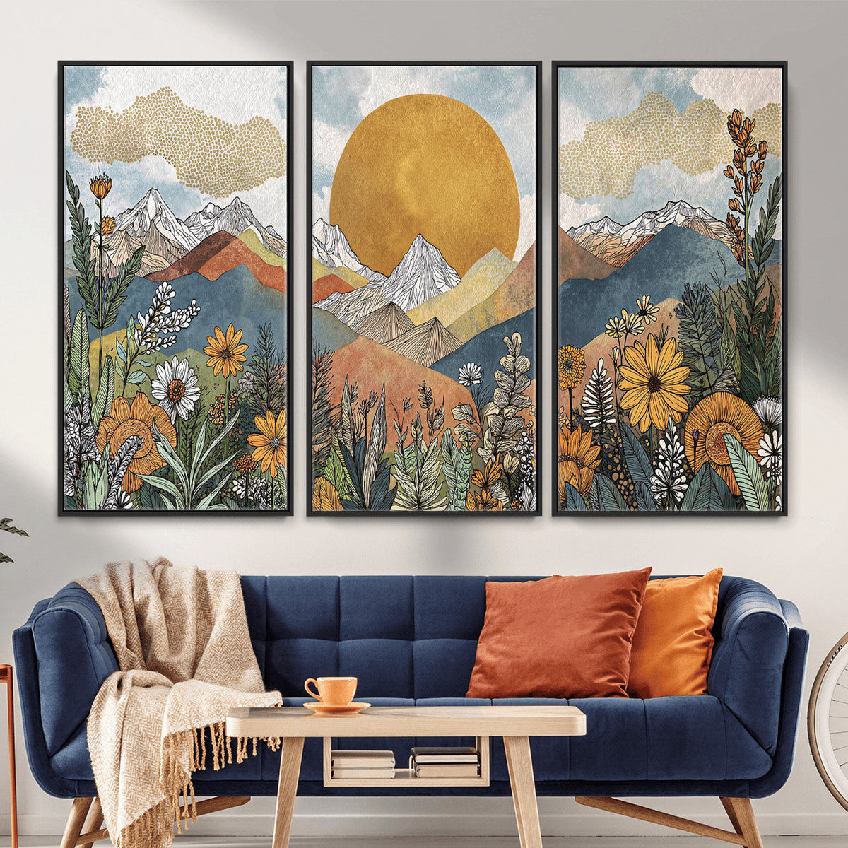 Boho Mountain Landscape Large Wall Art, Horizontal Gold Sun and Flowers Print