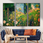 Gustav Klimt Boho Mountain Landscape Large Wall Art, Gold Sun and Flowers Print