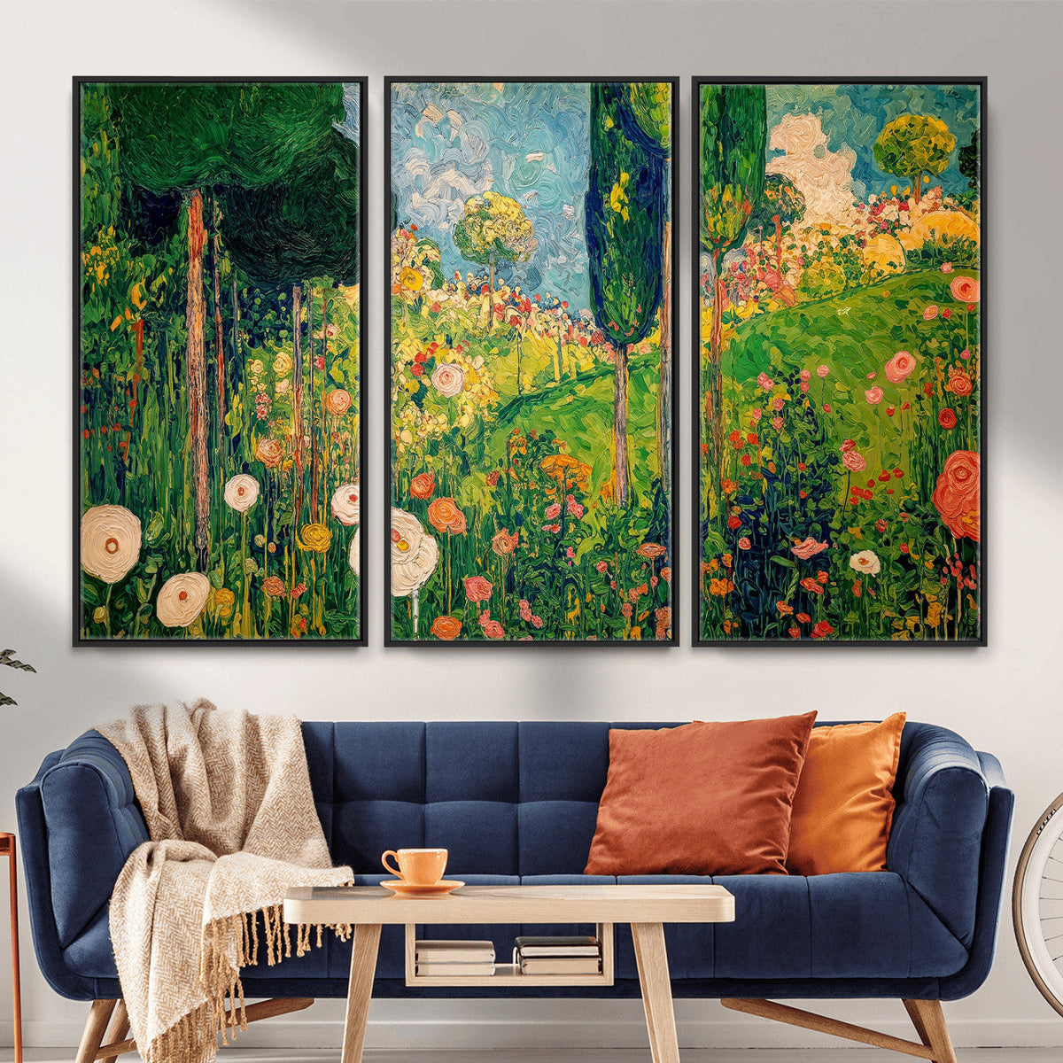 Gustav Klimt Boho Mountain Landscape Large Wall Art, Gold Sun and Flowers Print