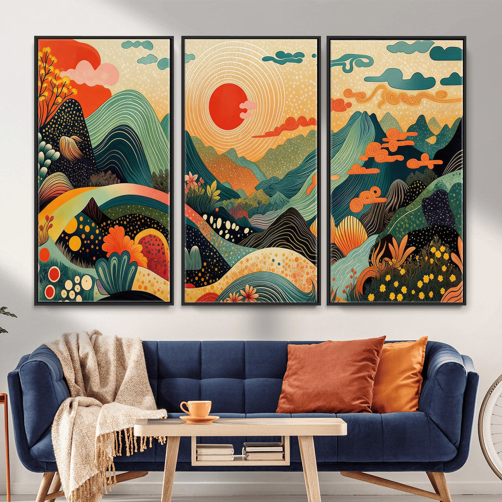 Yayoi Kusama Boho Mountain Landscape Large Wall Art, Gold Sun and Flowers Print