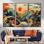Yayoi Kusama Boho Mountain Landscape Large Wall Art, Gold Sun and Flowers Print