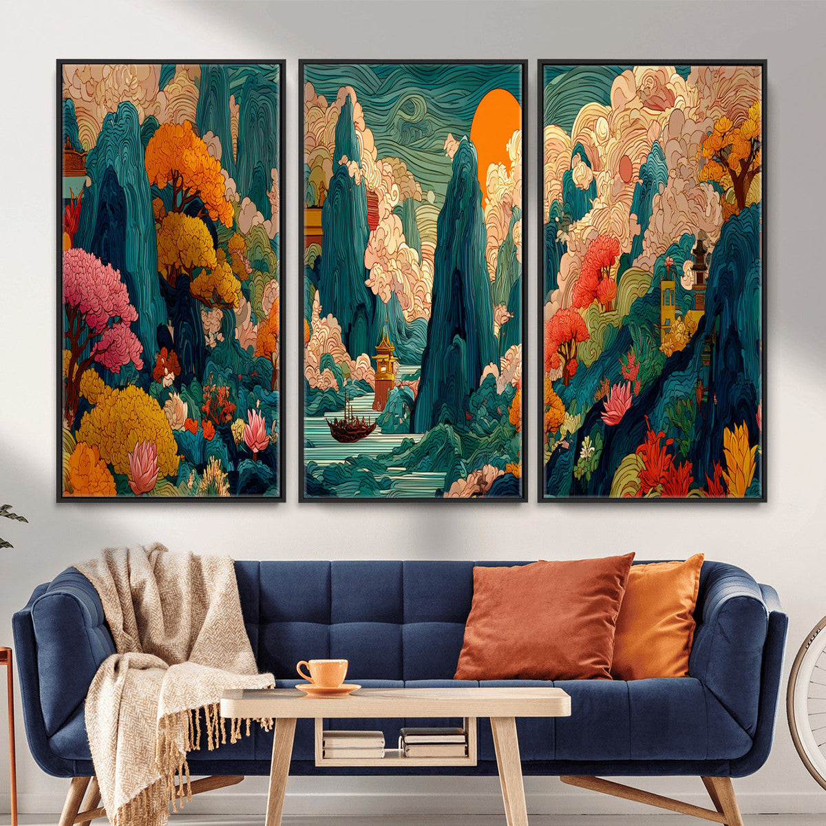 Colorful Japanese Landscape Print: Maximalist Panoramic Wall Art