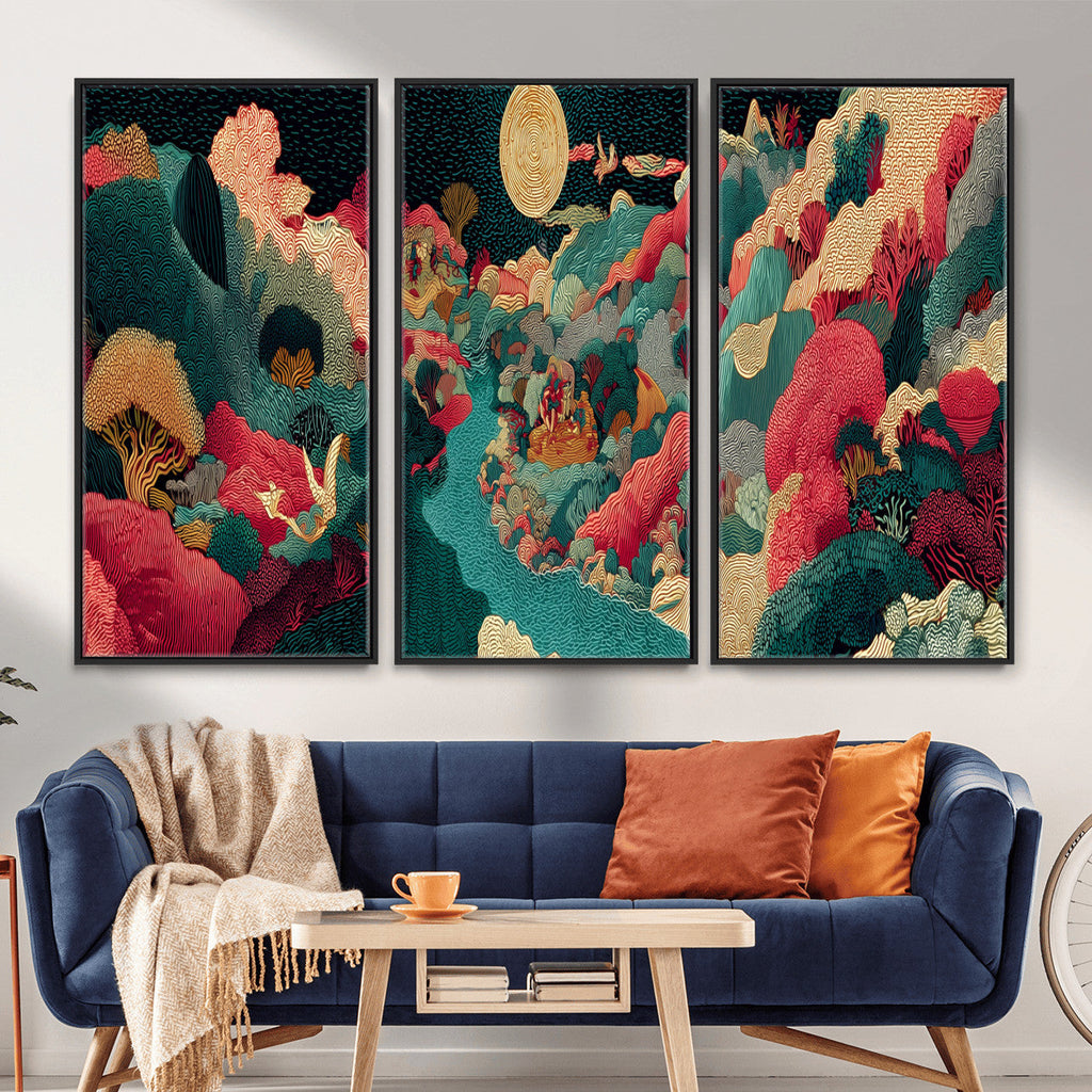 Colorful Japanese Landscape Print: Maximalist Panoramic Wall Art