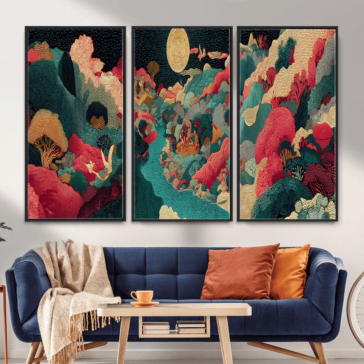 Colorful Japanese Landscape Print: Maximalist Panoramic Wall Art