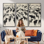 Longhorn Cattle Canvas Wall Art, Black White Stampede Ink