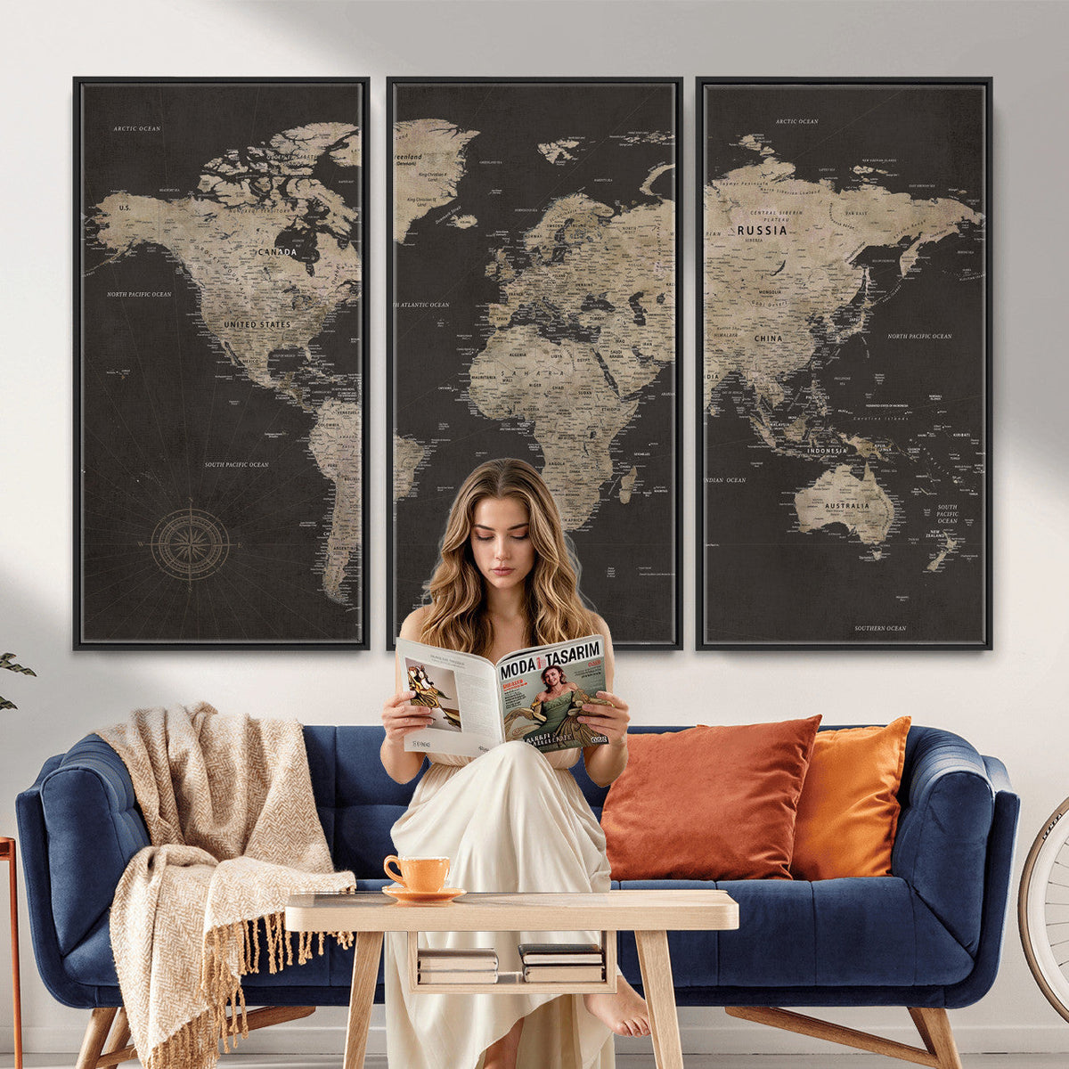 World Map Canvas Wall Art, Dark Charcoal and Antique Tan Detailed Map
