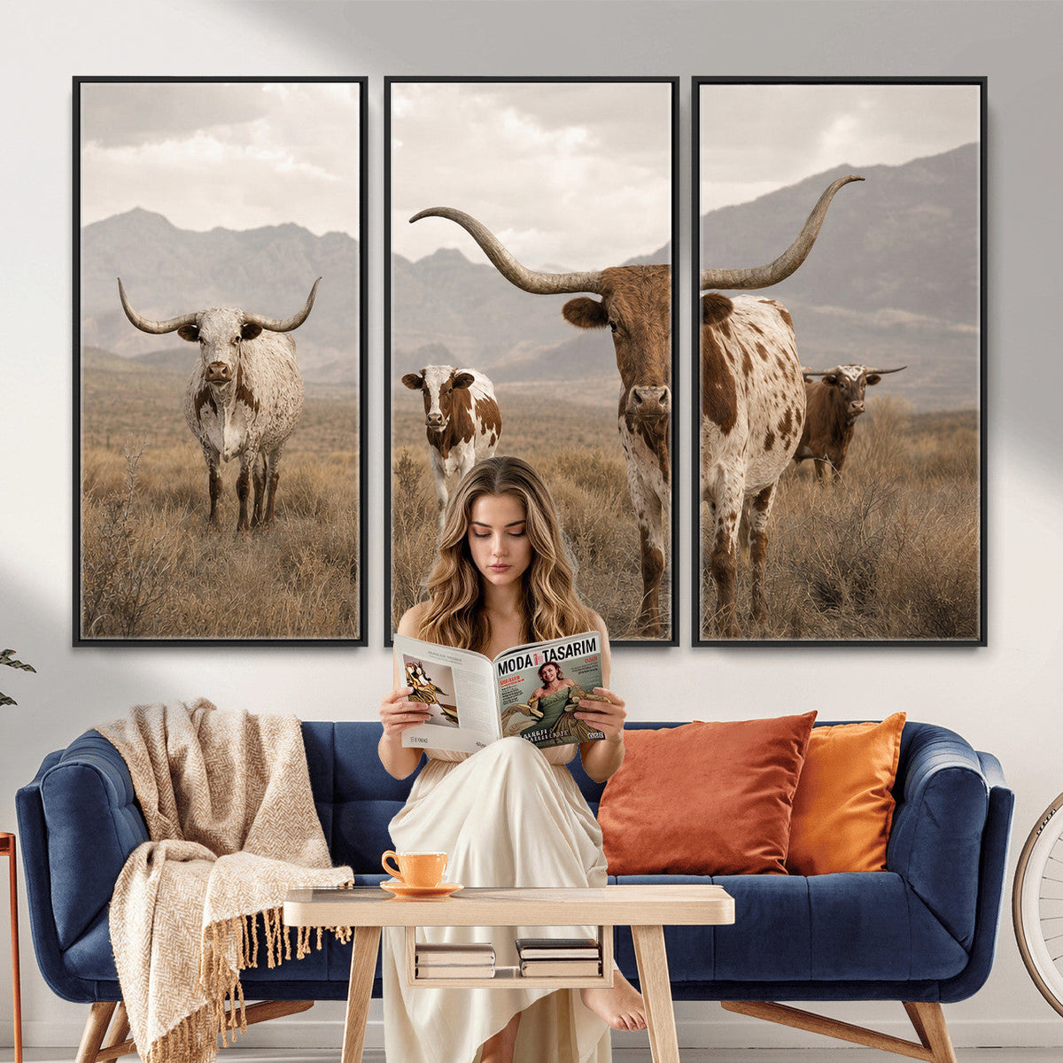 Rustic Texas Longhorn Cow Canvas Wall Art Print, Farm Animal Photography