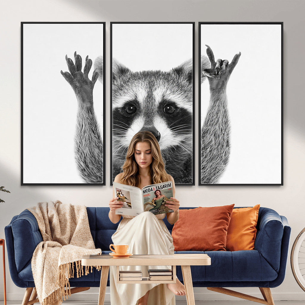 Funny Raccoon Canvas Wall Art, Black White Hands Up Animal Photo Print