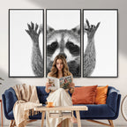 Funny Raccoon Canvas Wall Art, Black White Hands Up Animal Photo Print
