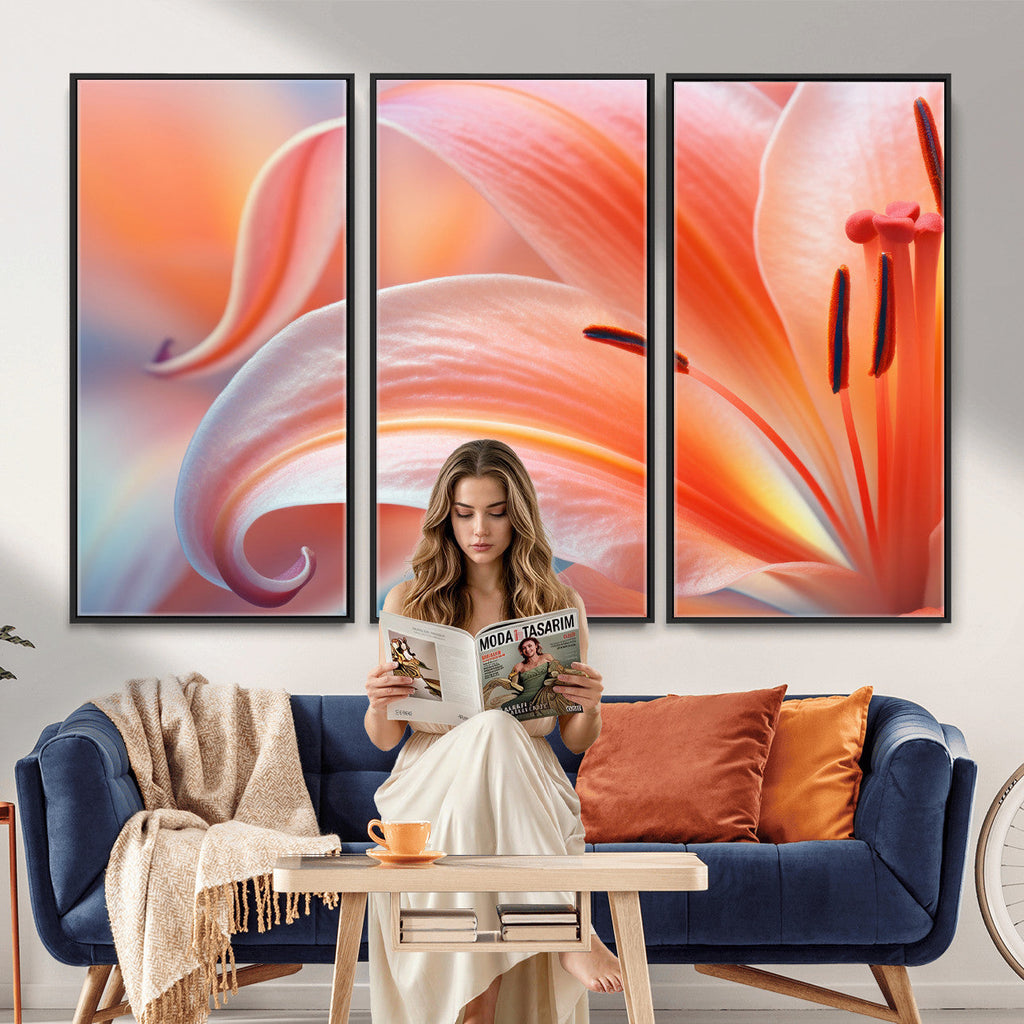 Peach Lily Canvas Wall Art, Coral Pink Flower Macro Photo Print, Botanical Decor
