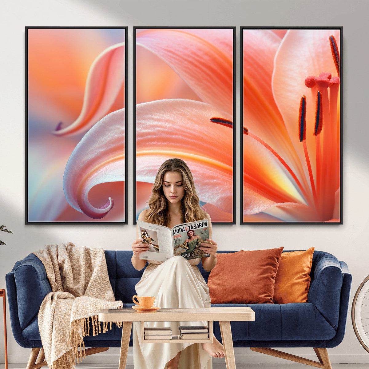 Peach Lily Canvas Wall Art, Coral Pink Flower Macro Photo Print, Botanical Decor