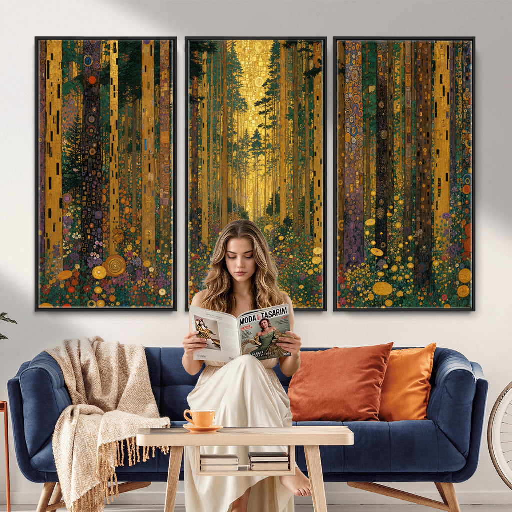 Gustav Klimt Style Forest Canvas Wall Art, Golden Forest Path Floral Art Nouveau Print