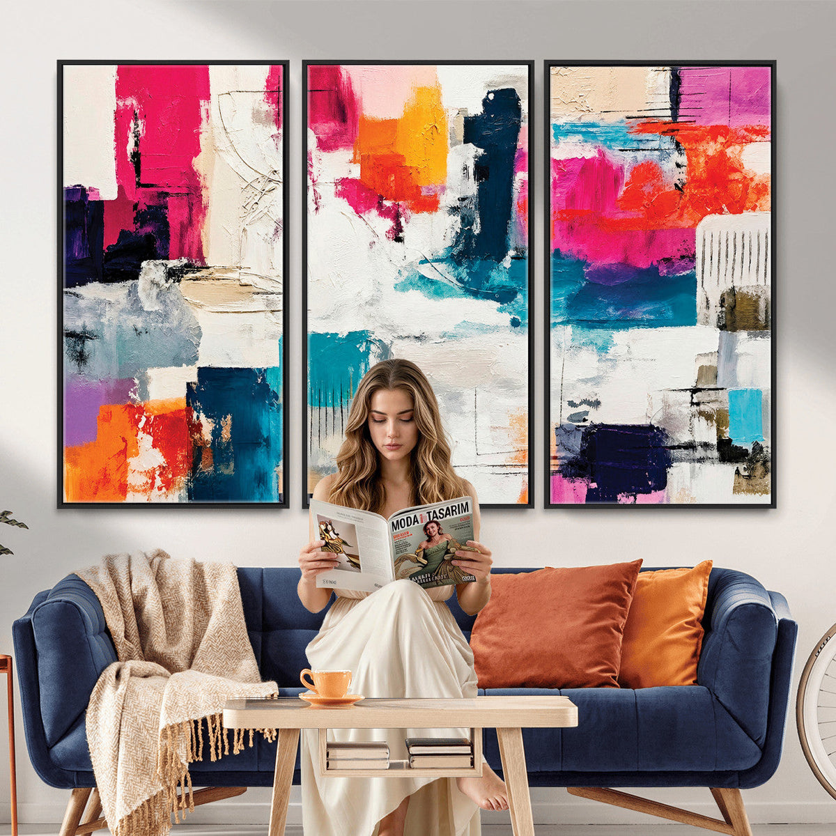 Blue Teal Abstract Canvas Wall Art, Modern Brushstroke Style Print, Navy Orange Contemporary Decor
