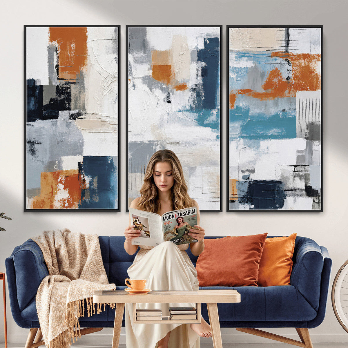 Blue Teal Abstract Canvas Wall Art, Modern Brushstroke Style Print, Navy Orange Contemporary Decor