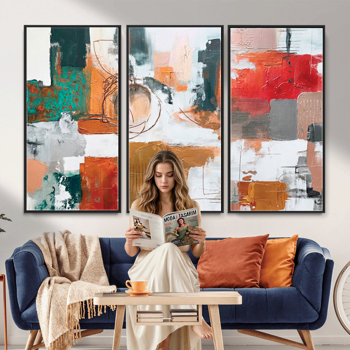 Blue Teal Abstract Canvas Wall Art, Modern Brushstroke Style Print, Navy Orange Contemporary Decor