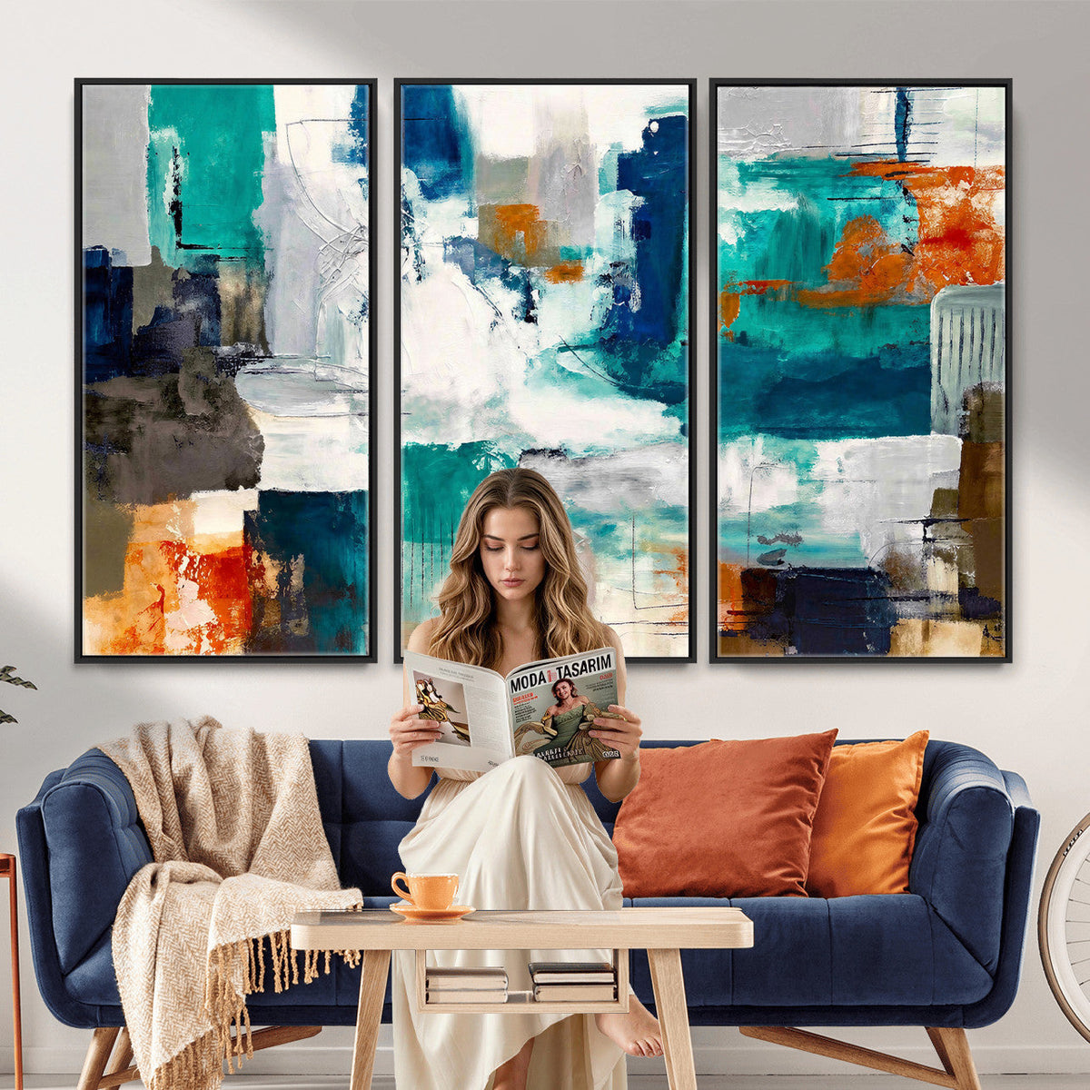 Blue Teal Abstract Canvas Wall Art, Modern Brushstroke Style Print, Navy Orange Contemporary Decor