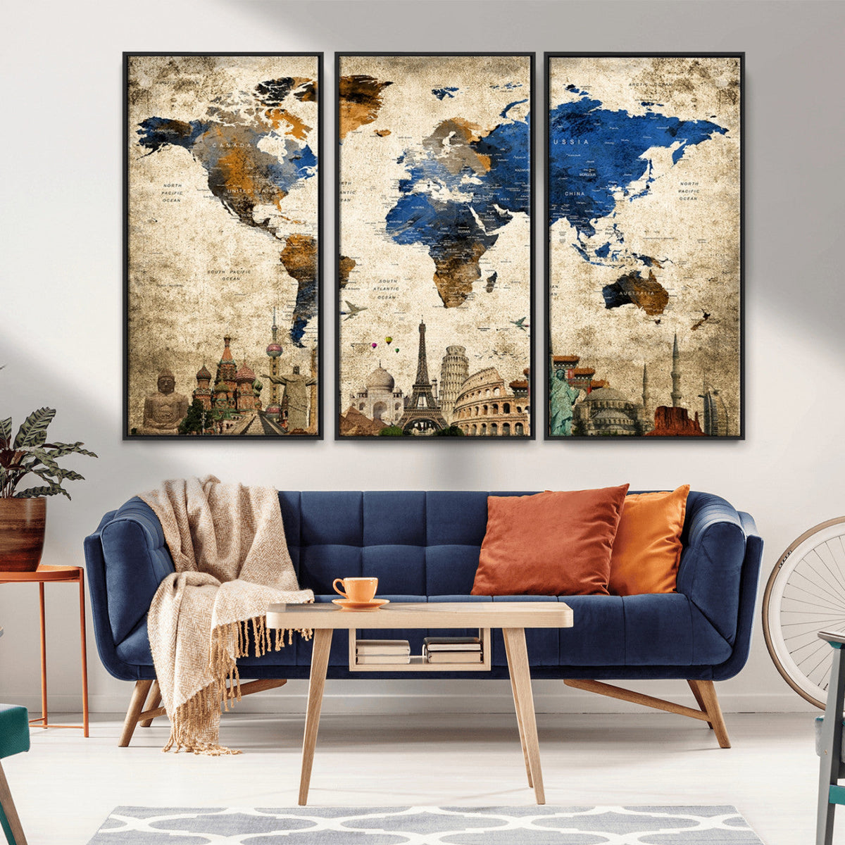 World Map Canvas Print | Vintage Blue and Gold World Map Wall Art