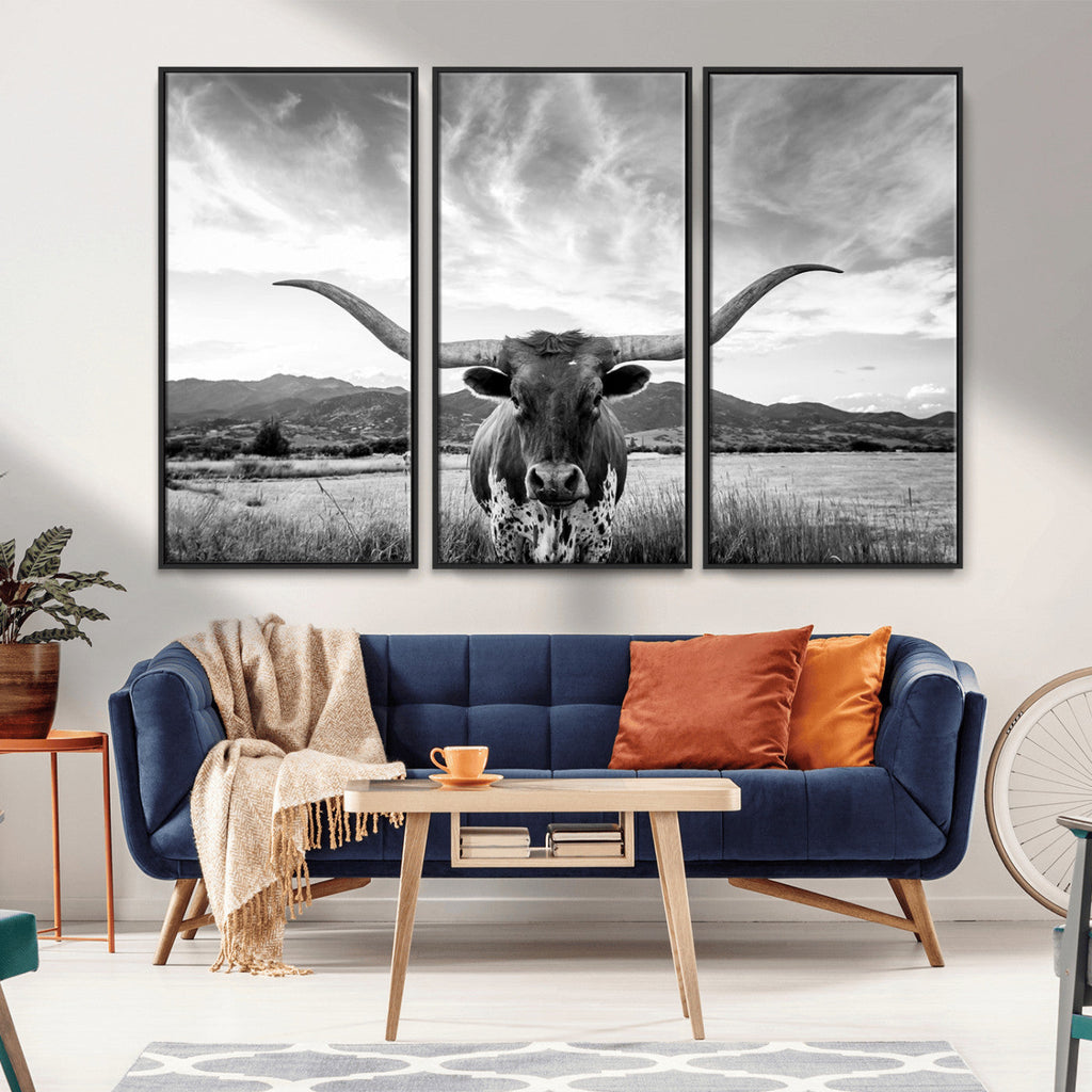 Longhorn Black and White Wall Art | Rustic Western Bull Canvas Print