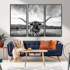 Longhorn Black and White Wall Art | Rustic Western Bull Canvas Print