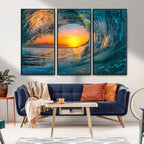 Ocean Wave Sunset Wall Art | Large Coastal Wave Canvas Print