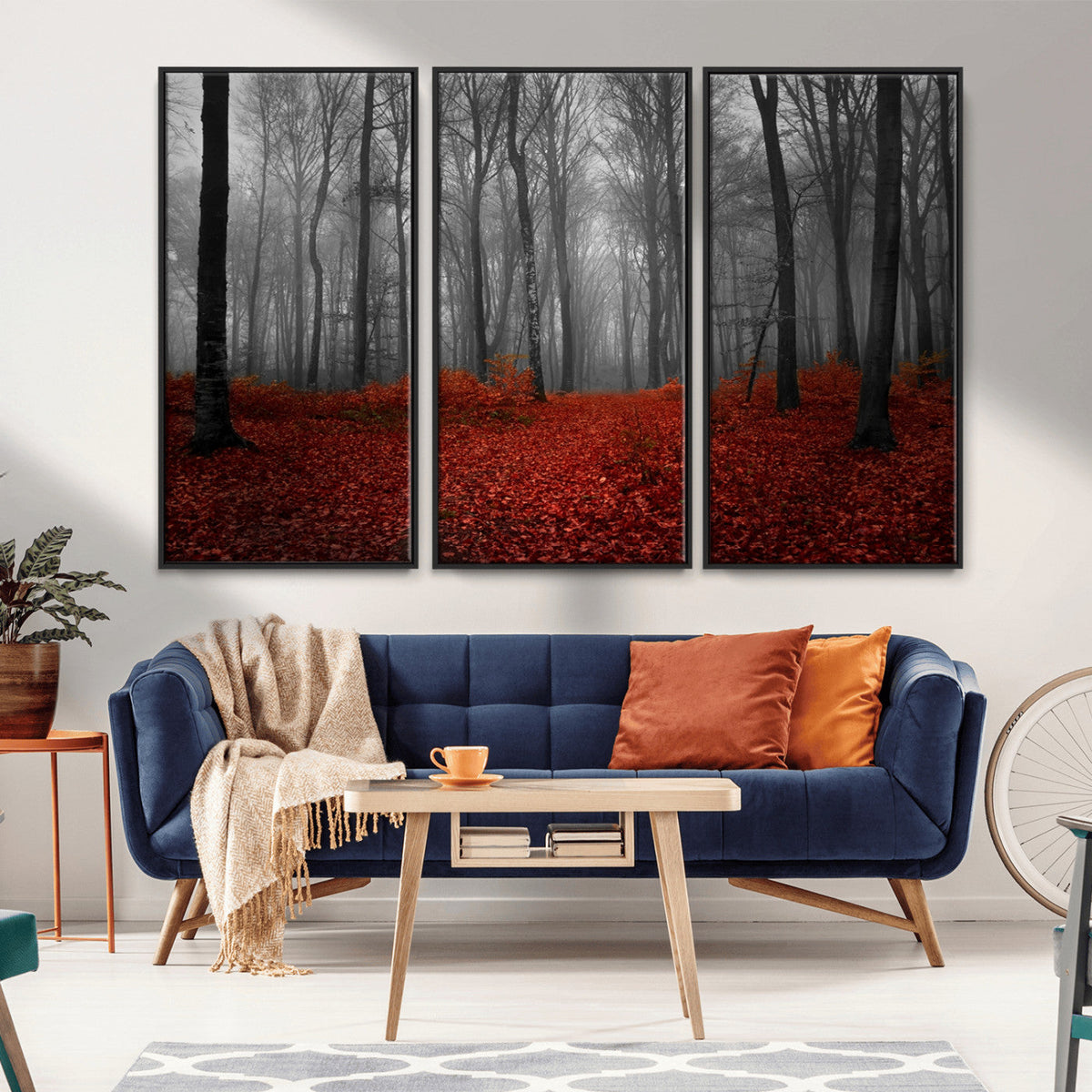 Red Forest Floor Canvas Wall Art | Mystical Foggy Woodland Triptych