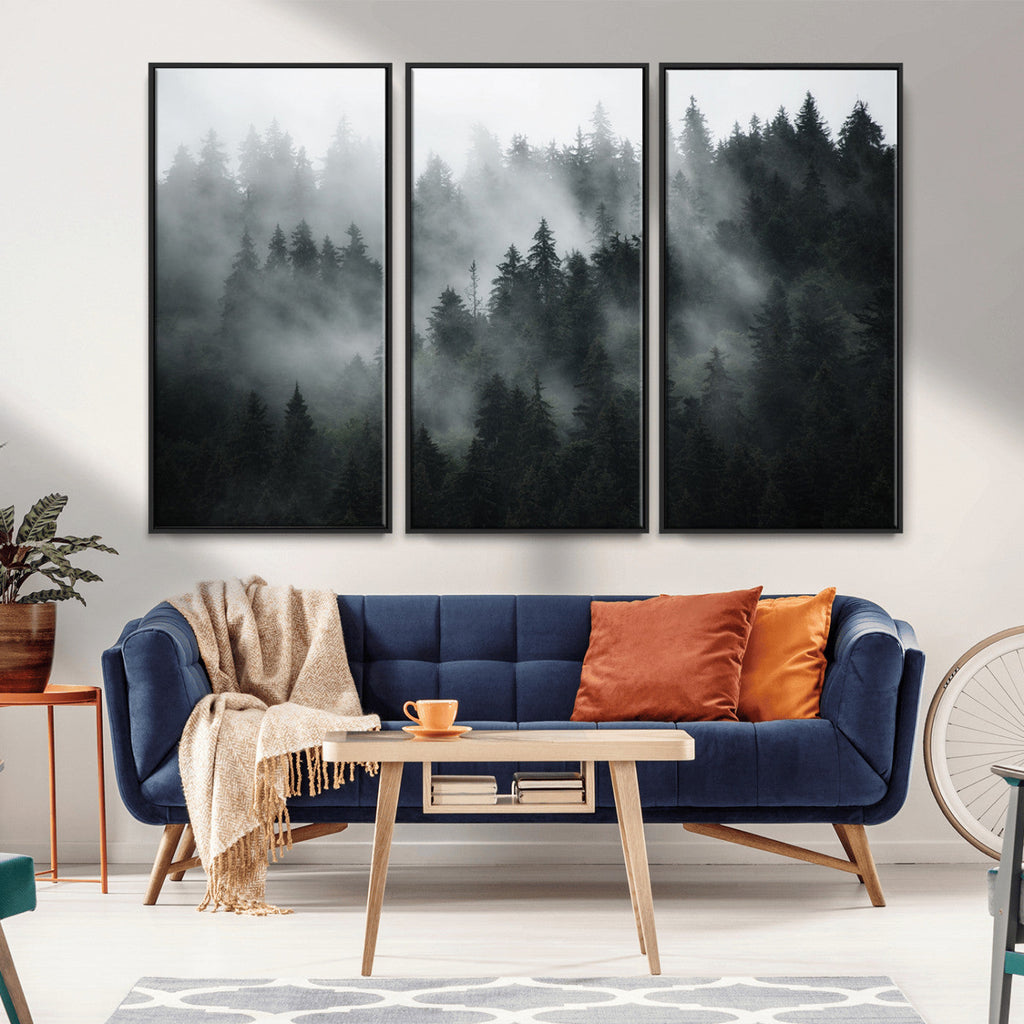 Foggy Forest Wall Art Canvas Print | 3 Panel Large Misty Landscape