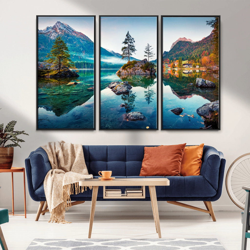 Crystal Clear Lake Wall Art | Mountains Wall Art Canvas | 3 Panel Landscape