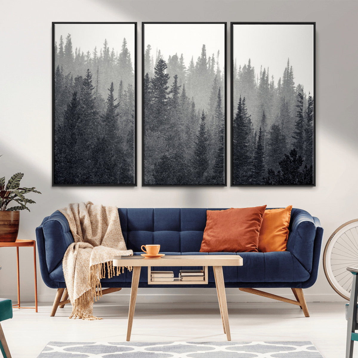 Misty Forest Canvas Wall Art | Monochrome Triptych Pine Tree Print
