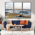Abstract Landscape Wall Art Canvas | 3 Panel Modern Blue, Gold and White Canvas Art