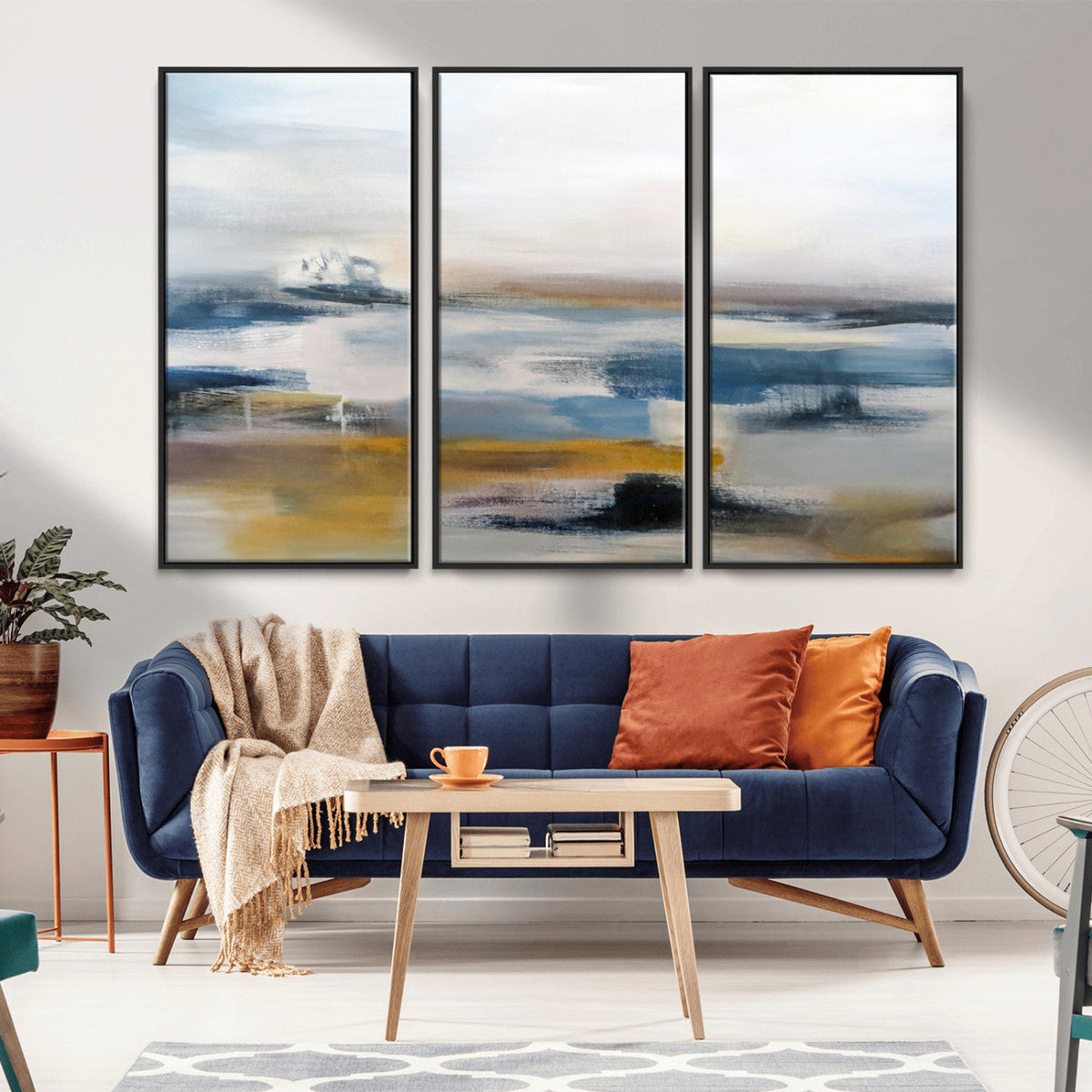 Abstract Landscape Wall Art Canvas | 3 Panel Modern Blue, Gold and White Canvas Art