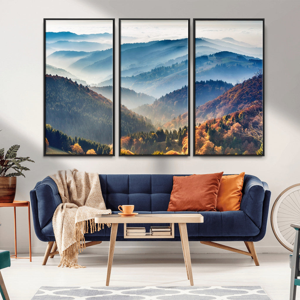 Misty Mountain Sunrise Triptych Canvas Print | Autumn Landscape Wall Art