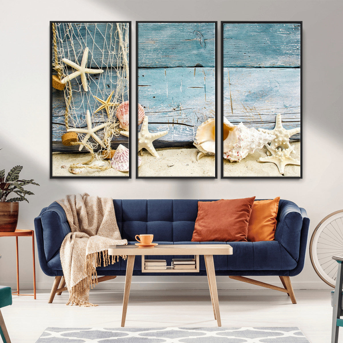 Seashells on Rustic Wooden Background, Seashells Wall Art