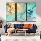 Abstract Aqua and Gold Fluid Wall Art Canvas | 3 Panel Large Canvas Print
