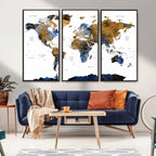 Modern Abstract World Map Canvas Wall Art | Framed Blue and Gold Map Print