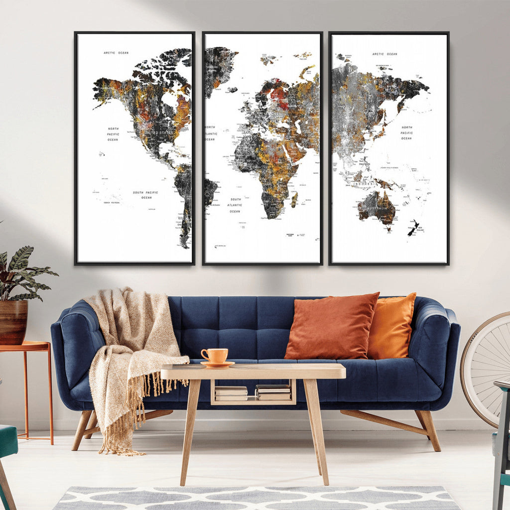Modern Metallic World Map Canvas Wall Art | Framed Contemporary World Map Print