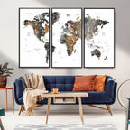 Modern Metallic World Map Canvas Wall Art | Framed Contemporary World Map Print