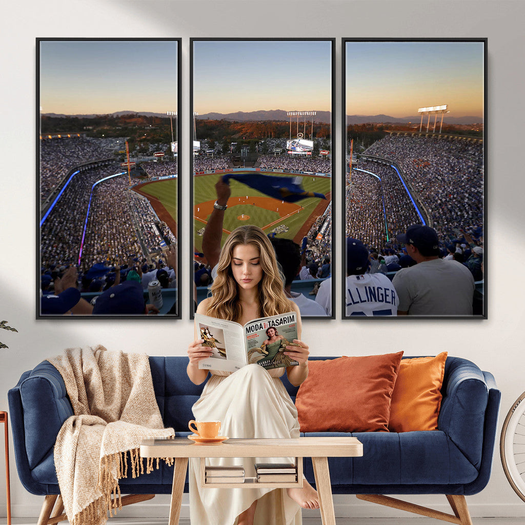 Dodger Stadium Sunset Game Triple Canvas Wall Art, Los Angeles Dodgers MLB Match